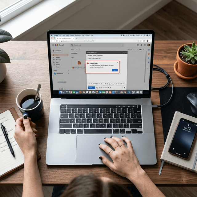 A realistic top-down view of a modern desk with a laptop screen displaying a frustrating 'File too large' error message